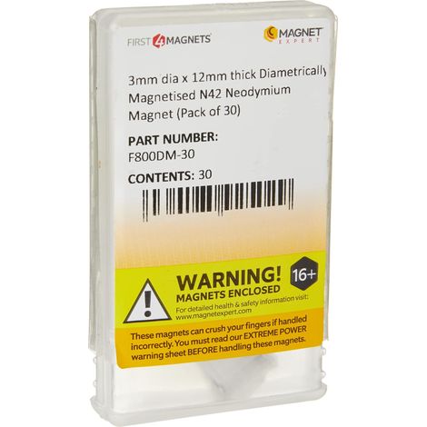 Magnete Neodimio N42 Diametricamente Magnetizzato Per Arti, Mestieri, Produzione Di Modelli, Fai -Da -Te, Hobby, Ufficio E Casa - 3mm Dia x 12mm Di Spessore - Pacco Di 30 (1/2)