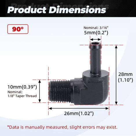 Aluminum 45°/90° hose barbed push-in oil/gas pipe reducer adapter - 1/8-3/16-90° (1/4)