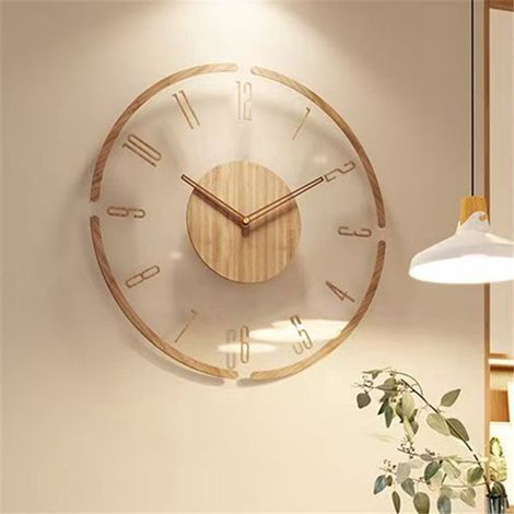 Horloge murale bois vintage acrylique transparente batterie silencieuse décoration salon chambre diametre 35 centimetres (1/3)