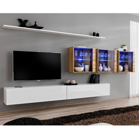 Meuble TV Mural Design "Switch XVII" 340cm Blanc & Naturel (1/4)