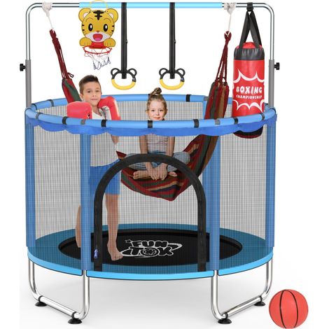 Children's Mini Trampoline Indoor 140cm with Swing, Ring Set, Basketball Hoop & Safety Net, up to 200 kg, Blue