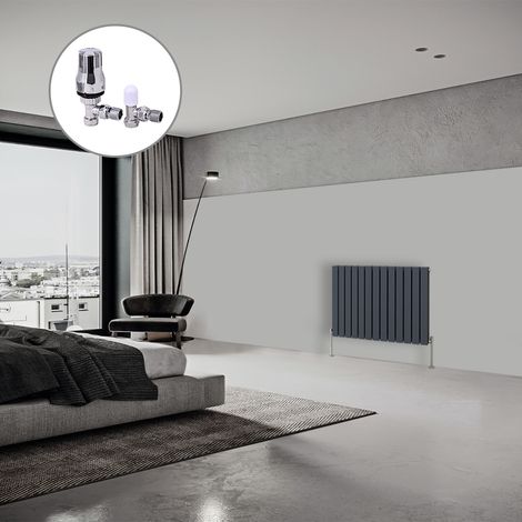 Flat Panel Designer Radiator Anthracite + Chrome Angled TRV Thermostatic Radiator Valves Horizontal 600x884mm Double