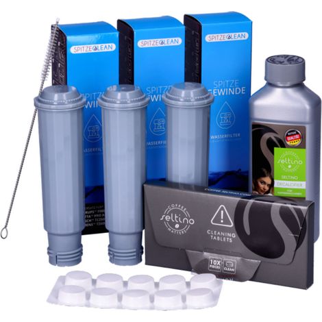 Set per macchine da caffè Krups, Siemens, AEG, Bosch, Gaggenau, Melitta, Nivona, Cacoon, Neff: filtro Spitze Gewinde x3, compresse Seltino Clean, decalcificante Seltino 250 ml, spazzola Seltino