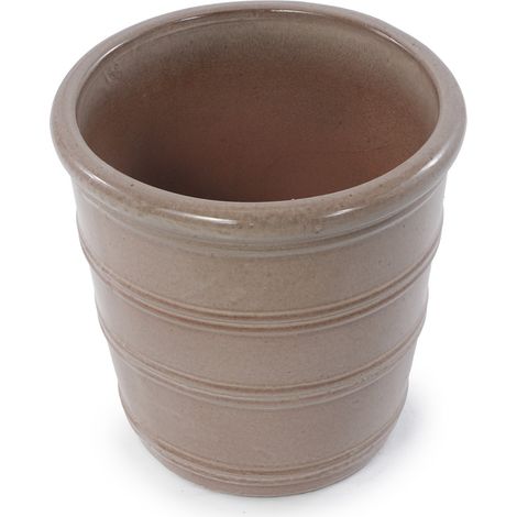 Maceta de cerámica hecha a mano Ø 40,5 cm gris topo brillante con ranuras horizontales (1/5)