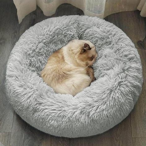 Cómoda y suave cama redonda de felpa para perros - antiestrés lavable - 50 cm gris claro (1/5)