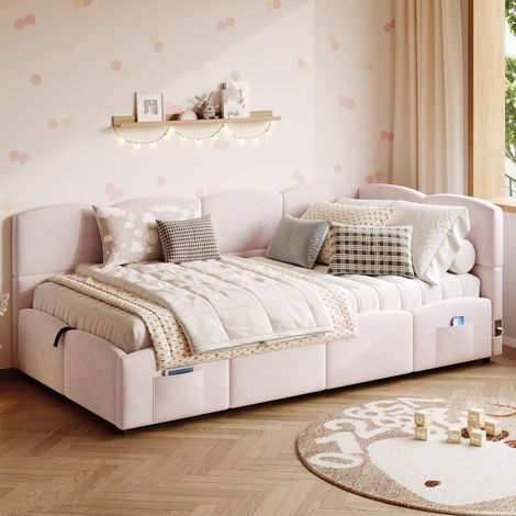 Lit banquette enfant 90 x 200 cm rose en velours avec coffre hydraulique, ports USB-A USB-C, poche de rangement, sommier à lattes, ado adulte (1/5)