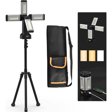 Lampe de Travail Rechargeable en Aluminium 13200 mAh Avec Trépied Pliable et Sac de Transport, 8000 Lumens à Intensité Variable Projecteur de Chantier (1/5)