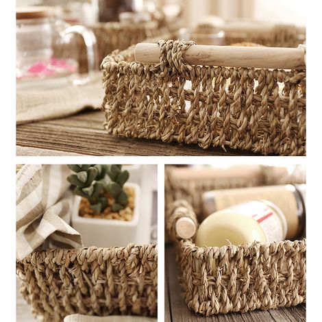 Panier en osier multifonction avec poignées en bois pour rangement bureau, jouets, snacks, cosmétiques