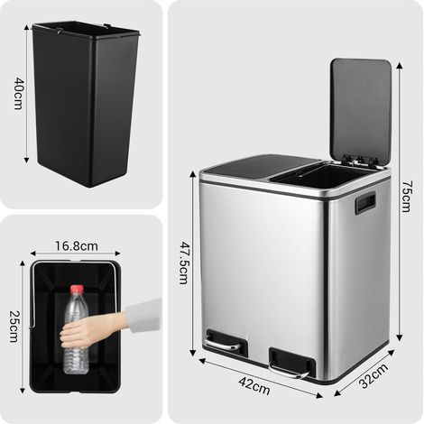LIFERUN Mülleimer Küche 2 Fächer, 2 x 15 Liter Abfalleimer aus Metall, Softclose Deckel, Inneneimer Abnehmbar, Griffe, Doppelfach Treteimer, für Single-Wohnung, kleine Familie