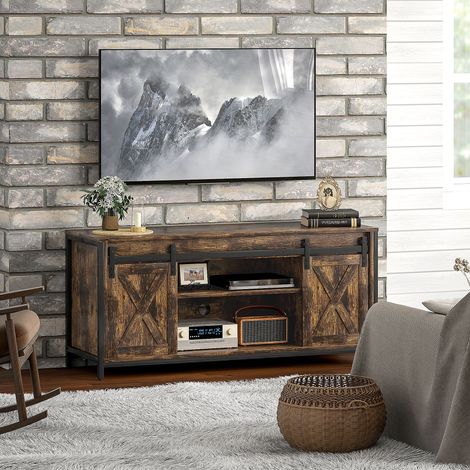 TV Lowboard, Industrial Design, für 60'' TVs, 6 Fächer, 2 Schiebetüren, Braun/Schwarz