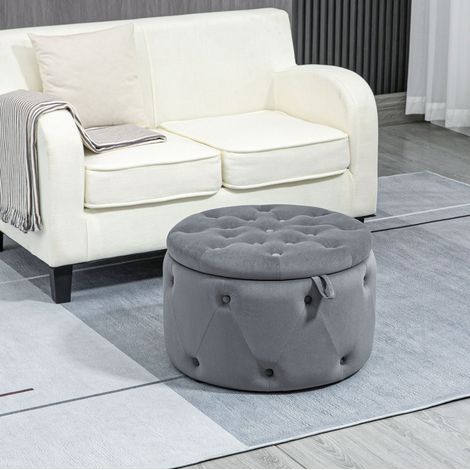Pouf contenitore rotondo con coperchio, effetto velluto grigio, Ø60 x H40 cm DESVIAE (1/5)