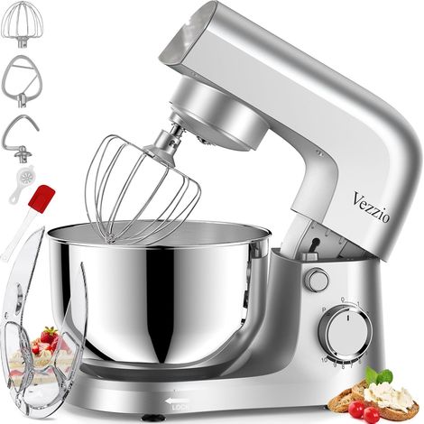 Pastry Processor 4.5 L 1500 Watts Compact Dough Mixer avec Kneading Hook Whisk Splash Protection Planetary Mixing System 10 Speeds Silver (1/5)