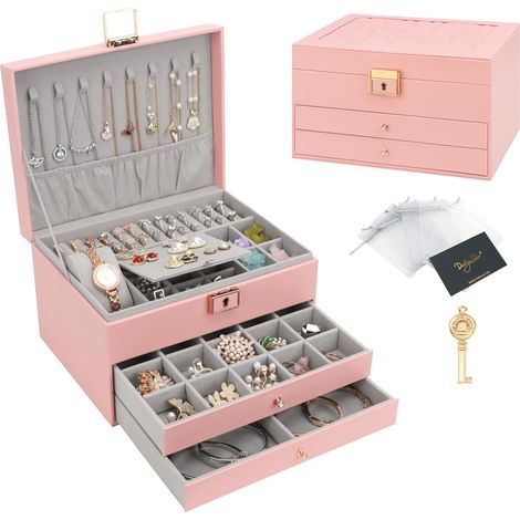 Boîte à bijoux, Organisateur de bijoux avec 2 tiroirs, Boîte de rangement de bijoux en cuir à 3 couches avec serrure, Coffret à Bijoux pour collier, d'oreille, bracelet, Rose (1/5)