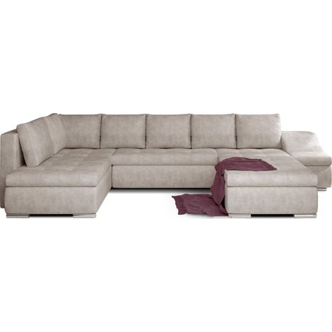 Canapé panoramique convertible JONAZ tissu - Rangement integré A droite-Beige vintage-Méridienne A droite (1/5)