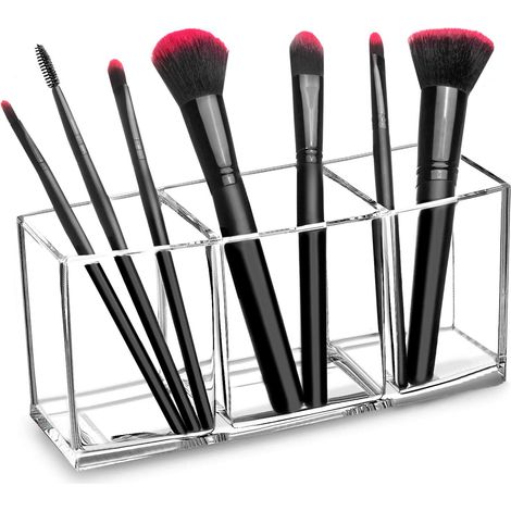 Organisateur de pinceaux de maquillage transparent, solution de rangement pour pinceaux cosmétiques en acrylique à 3 emplacements (1/5)