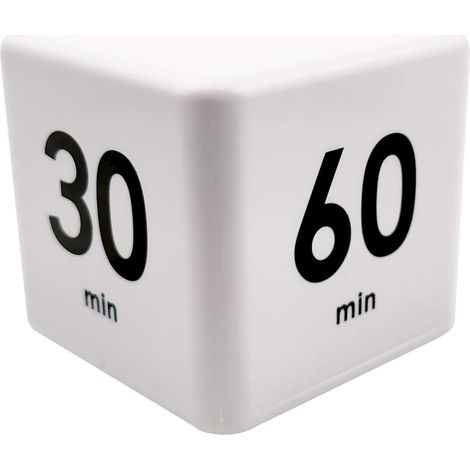 Minuteur cube blanc à bascule avec préréglages de 15, 20, 30 et 60 minutes, minuteur à capteur de gravité pour les études, la cuisine, le sport et la salle de classe. (1/5)