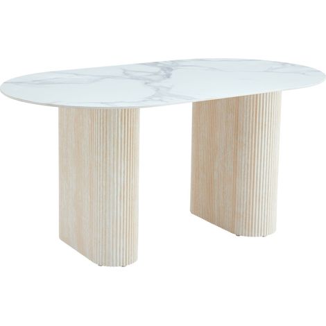 Table à manger céramique marbré blanc 160x90 cm pied travertin – ROXY (1/5)