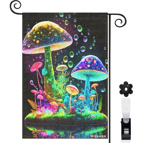 Drapeau de jardin 30 x 45 cm motif champignons enchantés et fleurs colorées toile double face extérieure (1/5)