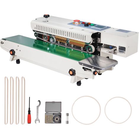 Machine de scellage continu pour sachets, largeur 6-12 mm, réglage numérique de température, convient aux films plastiques 0,02-0,8 mm, fonction gonflage. (1/5)