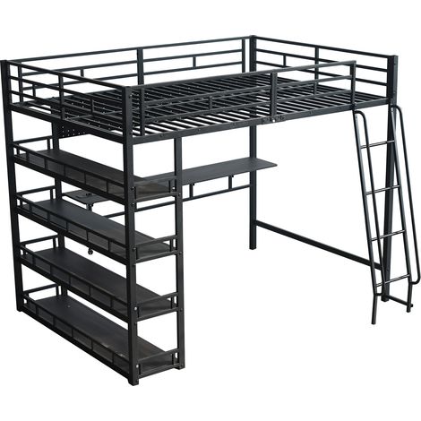 Lit mezzanine en métal noir avec étagères, port USB, échelle 4 marches, 140 x 200 cm, MODENUIT (1/5)