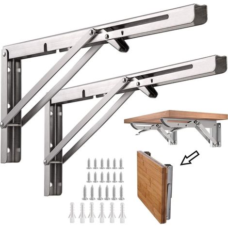 Support d' Étagères Pliable,12" / 300mm Acier Inoxydable Equerre Rabattable Murale, Lot de 2 Lourds Support Console Pliable Rétractable Pour Garage établi, Charge Maximale: 60 kg/132lb (1/5)