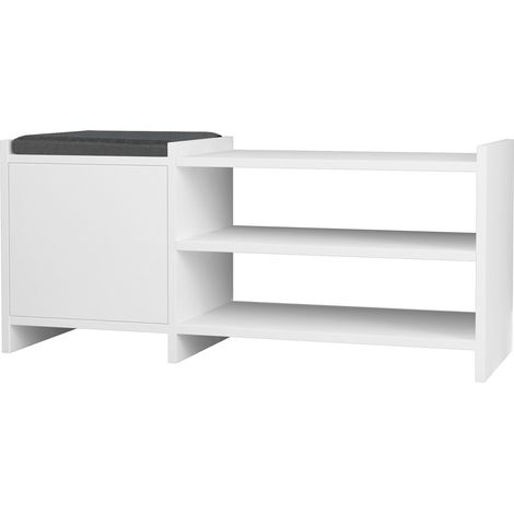 Banc à chaussures 1 porte avec coussin rembourré recouvert de tissu gris. Couleur Blanc. (Hauteur 44 cm/Largeur 100 cm/Profondeur 35 cm) (1/4)