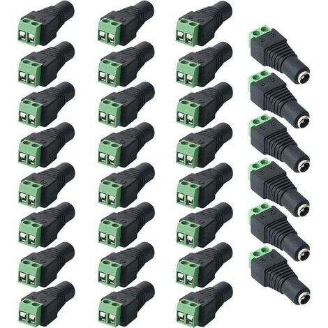 30Pcs Professionnel 12V DC Connecteur Femelle Jack Set (5.5 X 2.1mm), 2 Broches DC Power Jack Adaptateur Vis Borne Connecteur, pour CCTV Caméra LED Bande –– Vert (1/4)