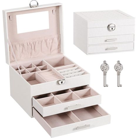 MINKUROW Mädchen Schmuckkästchen Schmuckkästchen Schmuckaufbewahrungsbox mit 3 Spiegelschubladen und Schloss Weiches Futter für Mädchen Ohrring Halskette Ring und Schmuck Weiß (1/5)