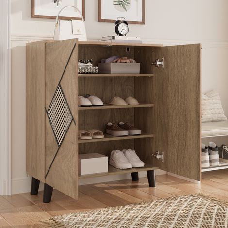 Zapatero 80×32×91 cm, estampado decorativo de ratán, puertas cerradas, almacenamiento compacto, tablero de partículas efecto madera (1/5)