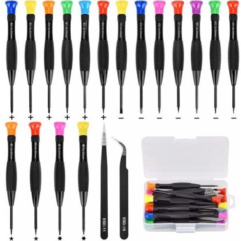 QORVA-18 pcs Set Tournevis Magnétiques, Jeu de Tournevis Cruciformes Plat Tournevis Pentalobe Hexagonaux, Pinces pour réparation téléphone portable lunettes montre bijoux Kit d’outils