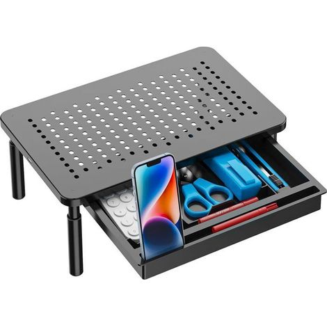 Support Moniteur - HAUTSTORE - Tiroir - 3 Hauteurs Réglables - Plate-Forme en Maille - Noir (1/5)