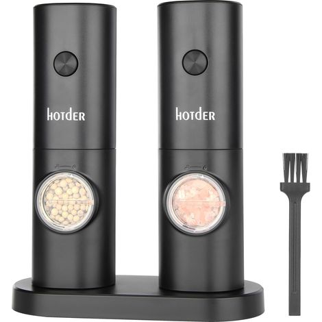 Moulins à sel et poivre électriques Set de 2, moulins à épices à piles, moulin à poivre électrique avec base, lumière LED, grossièreté réglable, pour cuisine et BBQ (1/5)