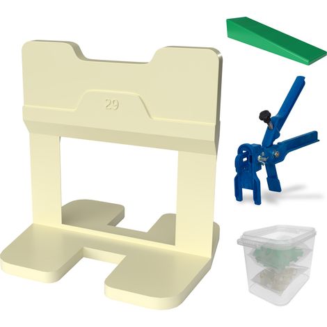 Kronen-Hansa Système de nivellement pour carrelage - kit de démarrage pour largeur de joint 1 mm, 100 languettes, 100 cales, pince pour carrelage d'épaisseur 3-12 mm, kit pratique dans un seau (1/5)