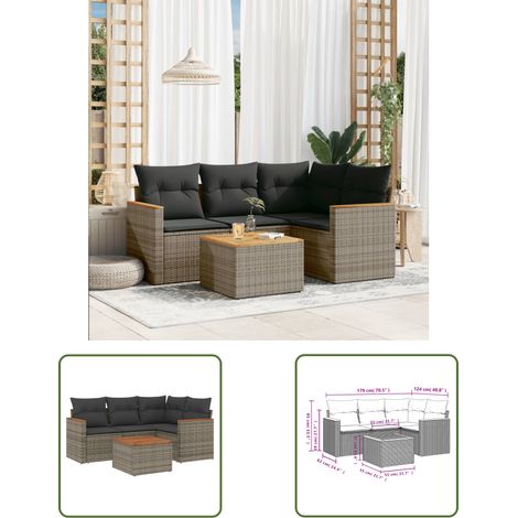 The Living Store 5-tlg. Garten-Sofagarnitur mit Kissen Grau Poly Rattan - Gartenmöbel Set - Gartensorte - Outdoor Möbel - Lounge Set - Esstisch