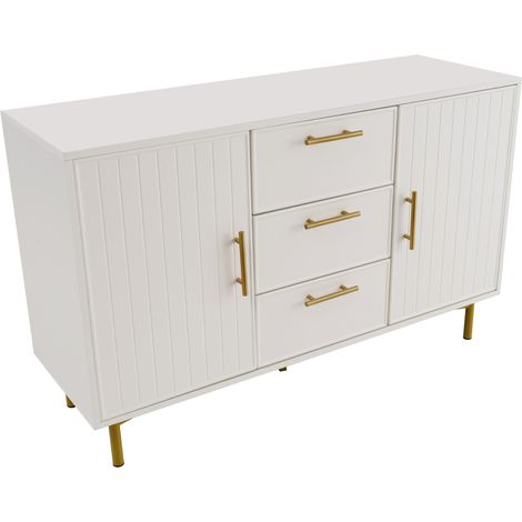 Commode blanche avec 2 portes, 3 tiroirs et étagère réglable, 120x40x75 cm (1/5)