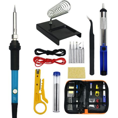 Coffret de 15 fers à souder électroniques, outil de soudage à température réglable de 60 W, 5 pannes à souder, pompe à dessouder, support de fer à souder, pincettes (1/4)