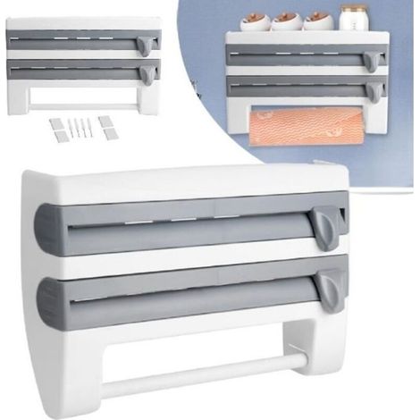 Soporte de pared gris para rollos de papel de cocina, papel de cocina, papel de aluminio, para facilitar el corte - ABS - 39 x 10 x 24 cm