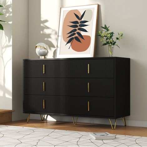 meuble rangement buffet 6 tiroirs 120 cm noir doré OKMYHOME (1/5)