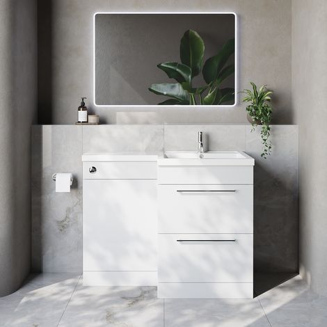 Napoli 460 Gloss White 1100mm 2 Drawer Vanity Unit Toilet Suite with Right Hand Square Lucia Basin - 1100mm - Chrome 320mm HandleWithout Kingston Toilet Pan