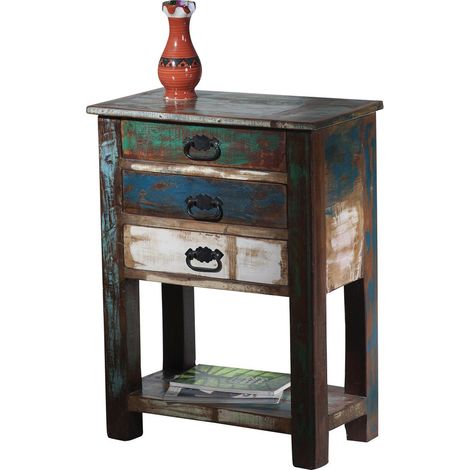 Table console de téléphone en bois ancien coloré et métal avec 3 tiroirs et étagère - PANGIVO (1/5)