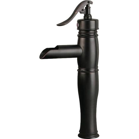 Einhebel-Waschtischarmatur mit Wasserfallfunktion, klassische Einloch-Badarmatur, Warm- und Kaltwasserarmatur (Schwarz, hoch, B)