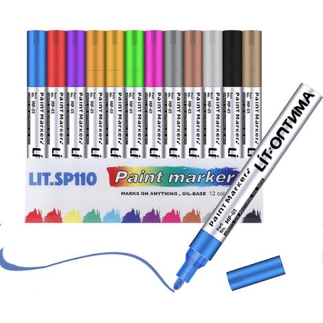12 marqueurs acryliques permanents de couleurs différentes pour peindre sur pierre, verre, bois, céramique, plastique et textiles. (1/5)