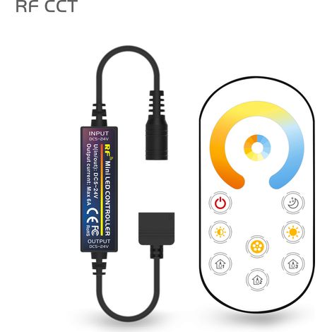 Mini RF touch bi-color constant voltage LED strip controller, with color temperature (CCT), CCC, CE and RoHS certifications.