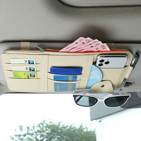 (Beige) Pare-soleil de voiture avec porte-cartes de visite, porte-stylo et porte-CD/DVD, boîte de rangement avec clip pour lunettes de soleil et fermeture éclair. (1/5)