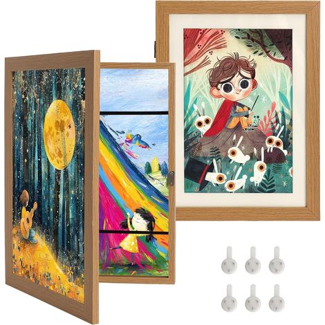Cadre A4 Bois Magnétique pour Dessins Enfants - Cadre Photo Bois Interchangeable pour Dessins A4-2 Pièces pour Enfants, Facile à Accrocher et à Changer (1/5)