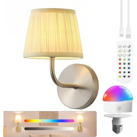 Applique murale LED sans fil, rechargeable 2000mAh, avec télécommande et ampoule, trois températures de couleur + 12 couleurs RVB, pour salon, argent (1/5)