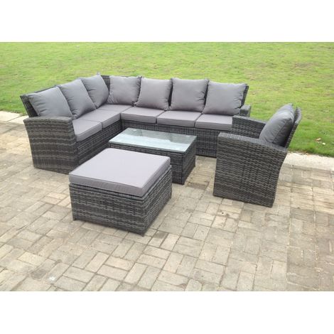 Fimous 8 Seater High Back Rattan Garden Furniture Set Corner Sofa With Oblong Coffee Table Big Footstool (1/3)
