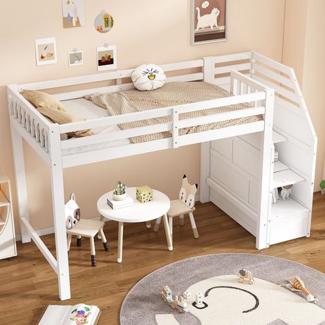 Lit haut 90x200 avec sommier, barrière et marches avec rangement – Lit Superposé espace ouvert sous le lit, sans matelas (1/5)