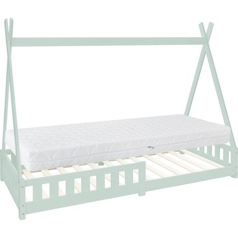 ML-Design Kinderbett Tipi 90x200 cm Mint mit Matratze H:16cm, Rausfallschutz & Lattenrost, Kiefernholz, Indianer Bett für Mädchen & Jungen, Hausbett mit Zaun, Bodenbett Jugendbett Spielbett Holzbett