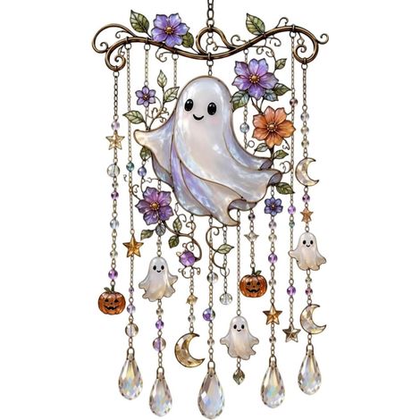Carillon éolien colibri, capteur solaire colibri fantôme en acrylique 2D, décoration de jardin citrouille d'Halloween pour cour, patio, arbre, balcon et porche B (1/5)
